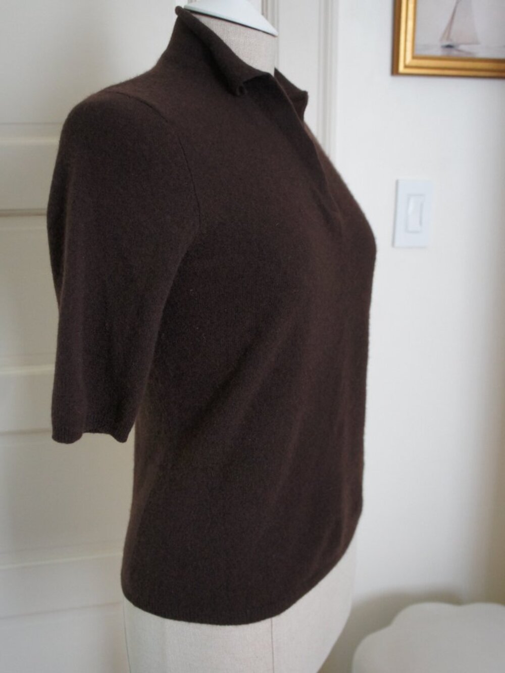 Vintage 90s 100% Cashmere Dark Brown V-Neck Polo Sweater Shirt Size Small - Picture 4 of 11